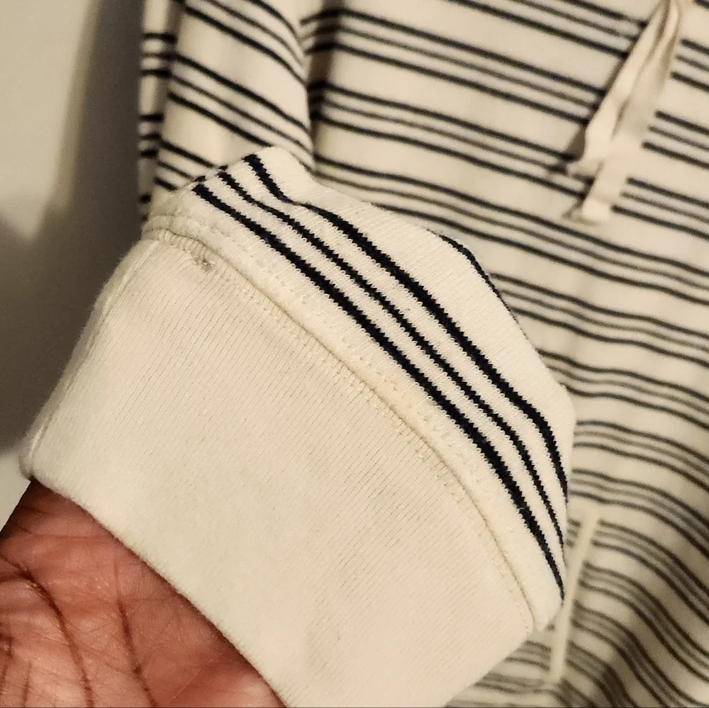 J. Crew | Women's Cream and Black Striped Hoodie Pullover (Size Large)